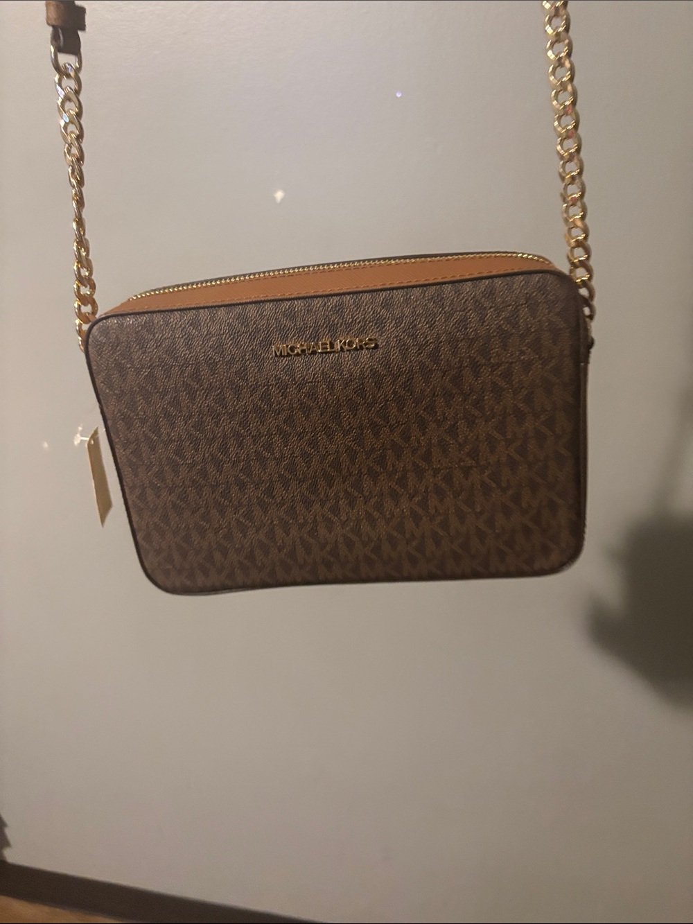 Michael Kors Brown/Tan Signature MK Crossbody Bag with Gold Chain